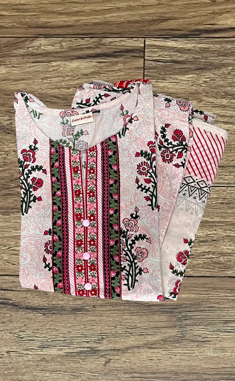 Pink Floral Kurti With Pant And Dupatta Set  .Pure Versatile Cotton. | Laces and Frills - Laces and Frills