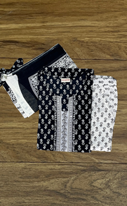 Black/White Floral Kurti With Pant And Dupatta Set  .Pure Versatile Cotton. | Laces and Frills - Laces and Frills