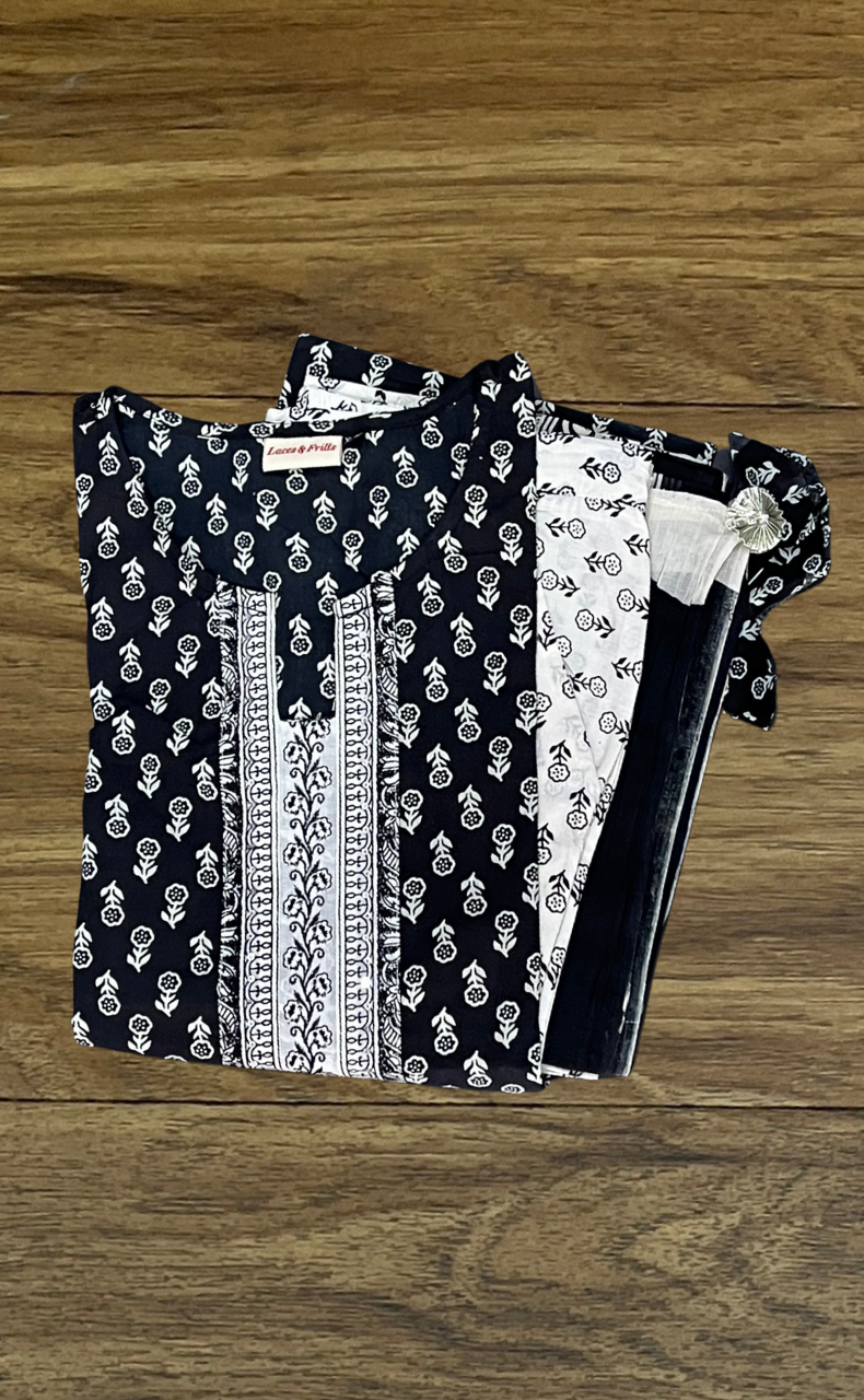 Black/White Floral Kurti With Pant And Dupatta Set  .Pure Versatile Cotton. | Laces and Frills - Laces and Frills