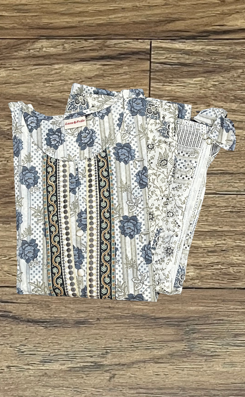 Off White/Grey Floral Kurti With Pant And Dupatta Set  .Pure Versatile Cotton. | Laces and Frills - Laces and Frills