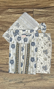 Off White/Grey Floral Kurti With Pant And Dupatta Set  .Pure Versatile Cotton. | Laces and Frills - Laces and Frills