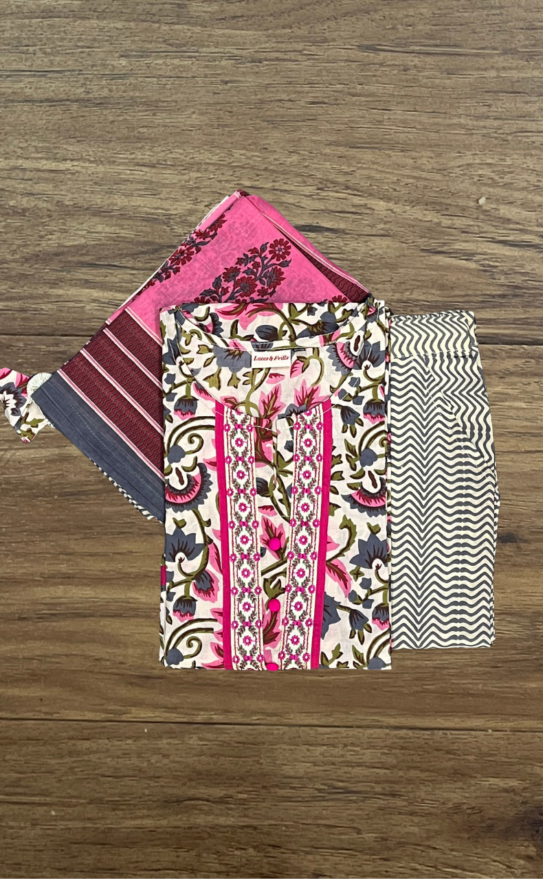Cream/Pink Garden Kurti With Pant And Dupatta Set  .Pure Versatile Cotton. | Laces and Frills - Laces and Frills
