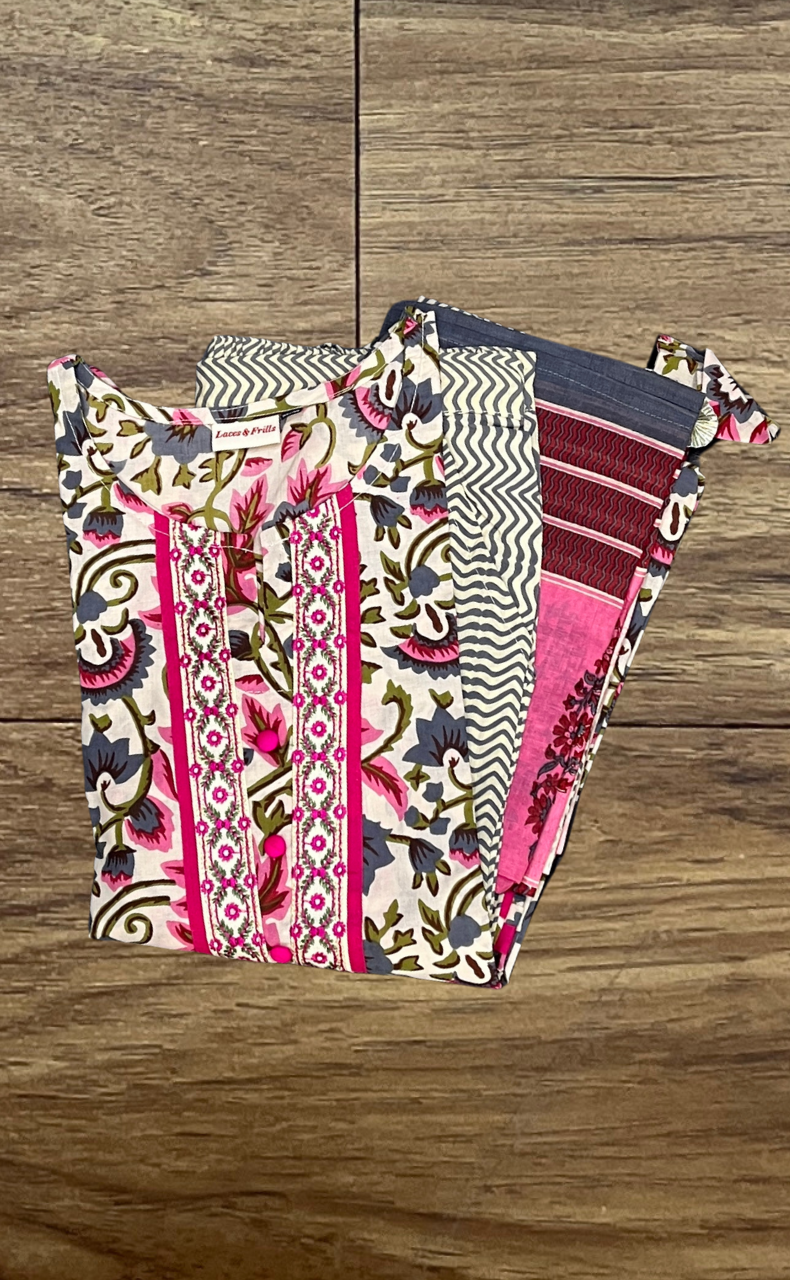 Cream/Pink Garden Kurti With Pant And Dupatta Set  .Pure Versatile Cotton. | Laces and Frills - Laces and Frills