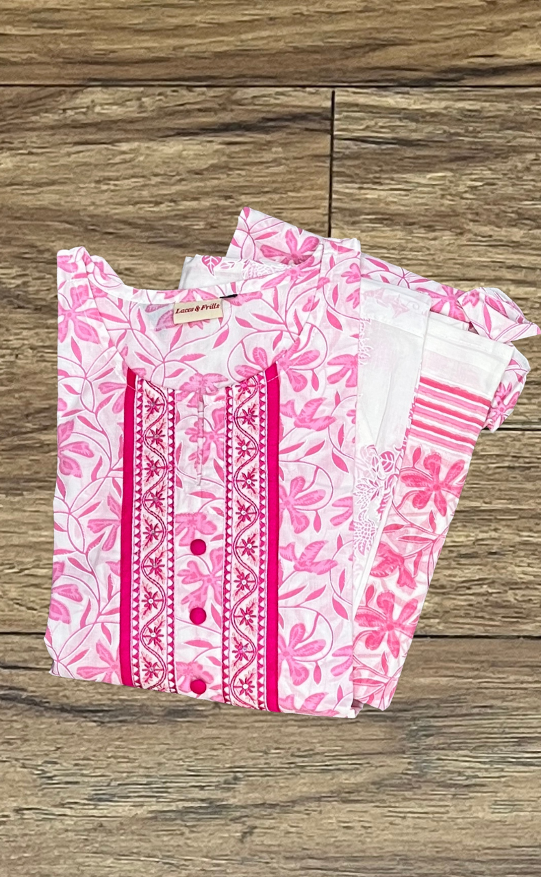 White/Pink Garden Kurti With Pant And Dupatta Set  .Pure Versatile Cotton. | Laces and Frills - Laces and Frills