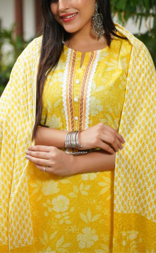 Yellow Garden Kurti With Pant And Dupatta Set  .Pure Versatile Cotton. | Laces and Frills - Laces and Frills