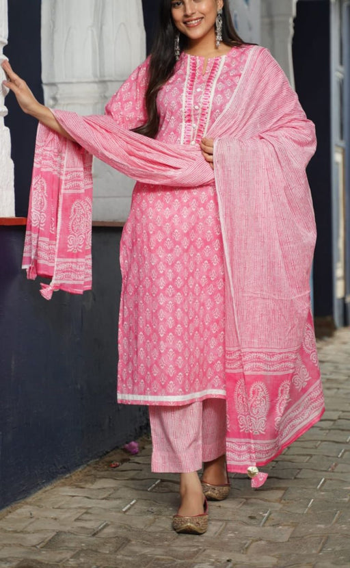 Pink Motif Kurti With Pant And Dupatta Set  .Pure Versatile Cotton. | Laces and Frills - Laces and Frills