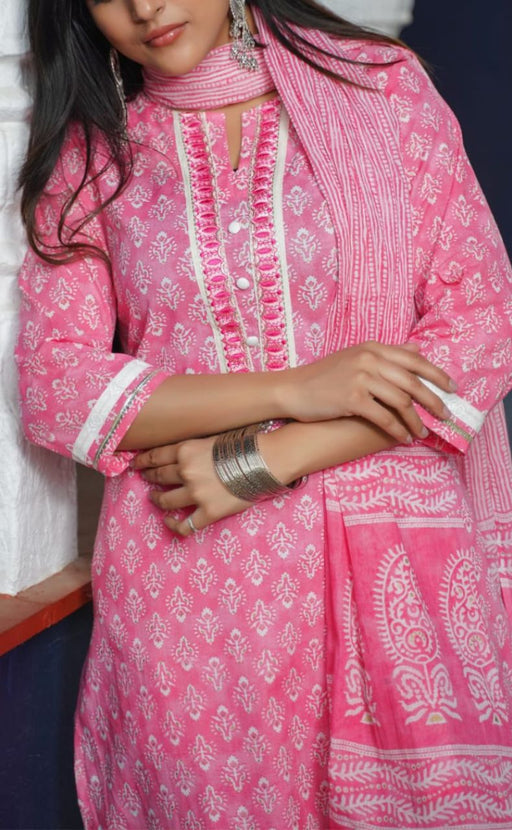Pink Motif Kurti With Pant And Dupatta Set  .Pure Versatile Cotton. | Laces and Frills - Laces and Frills
