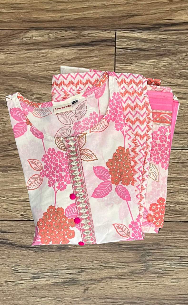 Off White/Pink Floral Kurti With Pant And Dupatta Set  .Pure Versatile Cotton. | Laces and Frills - Laces and Frills