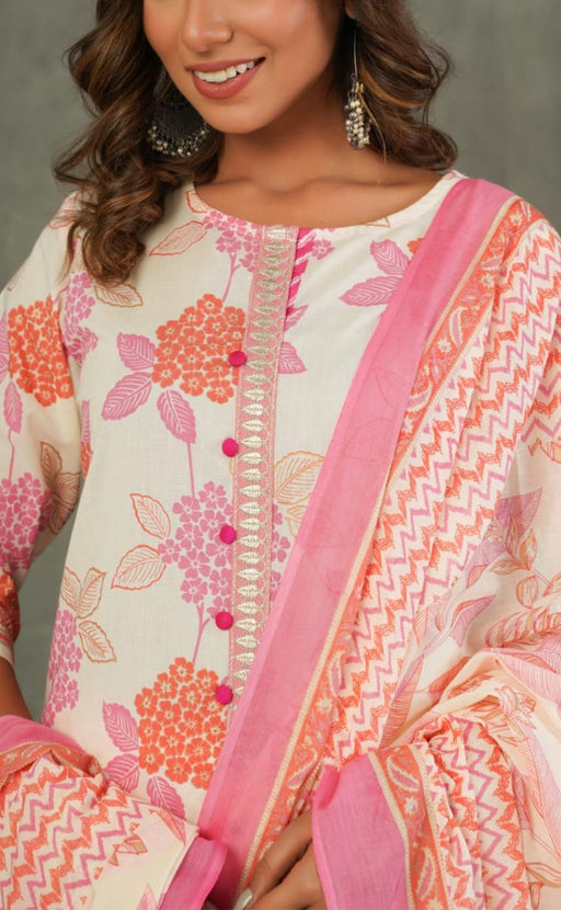 Off White/Pink Floral Kurti With Pant And Dupatta Set  .Pure Versatile Cotton. | Laces and Frills - Laces and Frills