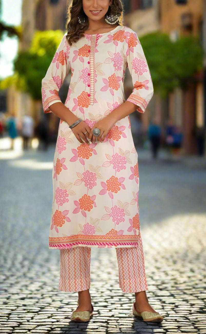 Pink with white Floral printed Cotton Kurti with Pant for Women main image 0