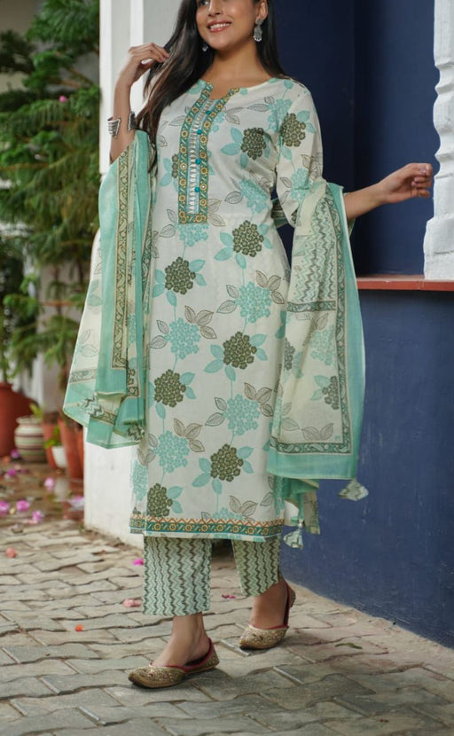 Off White/Sea Green Floral Kurti With Pant And Dupatta Set  .Pure Versatile Cotton. | Laces and Frills - Laces and Frills