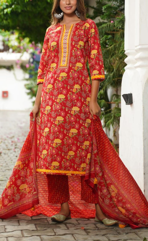 Red/Yellow Flora Kurti With Pant And Dupatta Set  .Pure Versatile Cotton. | Laces and Frills - Laces and Frills