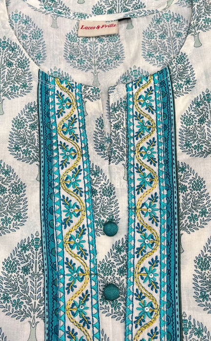 White/Sky Blue Leaves Kurti With Pant And Dupatta Set  .Pure Versatile Cotton. | Laces and Frills - Laces and Frills