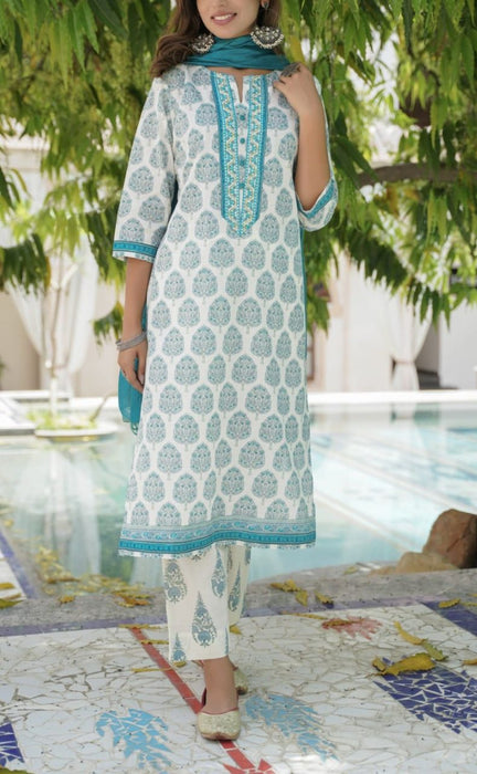 White/Sky Blue Leaves Kurti With Pant And Dupatta Set  .Pure Versatile Cotton. | Laces and Frills - Laces and Frills
