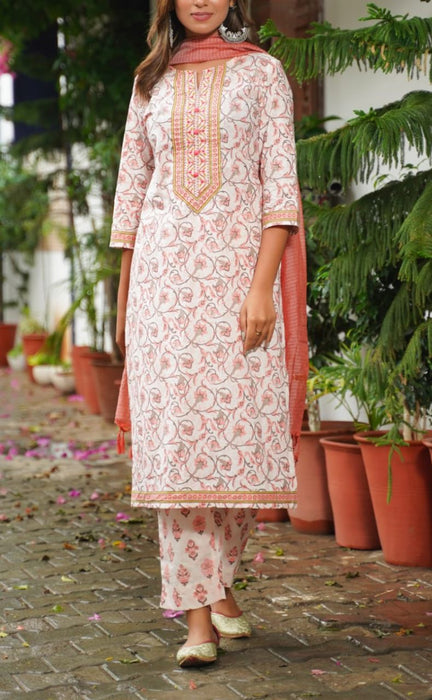 Peach Garden Kurti With Pant And Dupatta Set  .Pure Versatile Cotton. | Laces and Frills - Laces and Frills