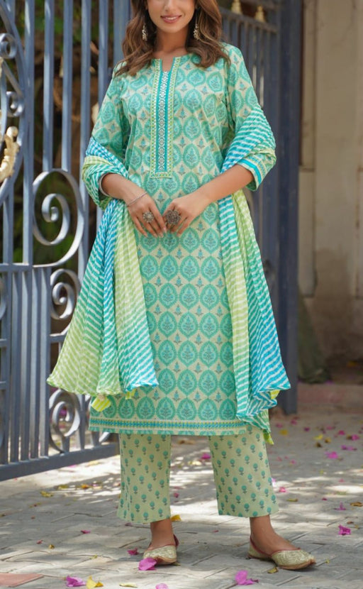 Pista Green Garden Kurti With Pant And Dupatta Set  .Pure Versatile Cotton. | Laces and Frills - Laces and Frills