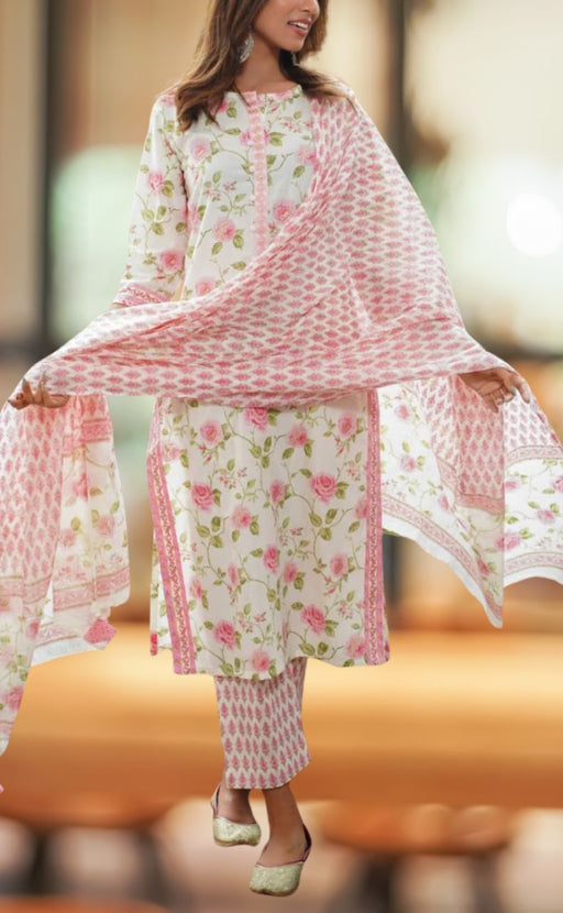 Off White/Pink Floral Kurti With Pant And Dupatta Set  .Pure Versatile Cotton. | Laces and Frills - Laces and Frills