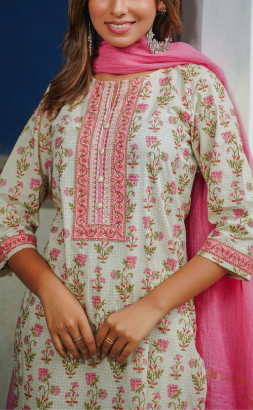 Pink Floral Kurti With Pant And Dupatta Set  .Pure Versatile Cotton. | Laces and Frills - Laces and Frills