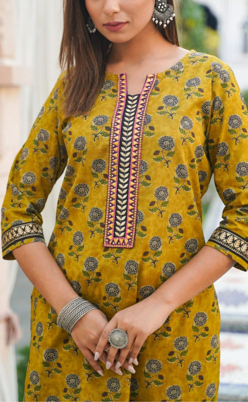 Mustard Floral Kurti With Pant And Dupatta Set  .Pure Versatile Cotton. | Laces and Frills - Laces and Frills
