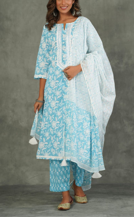 Light Sky Blue Floral Kurti With Pant And Dupatta Set  .Pure Versatile Cotton. | Laces and Frills - Laces and Frills