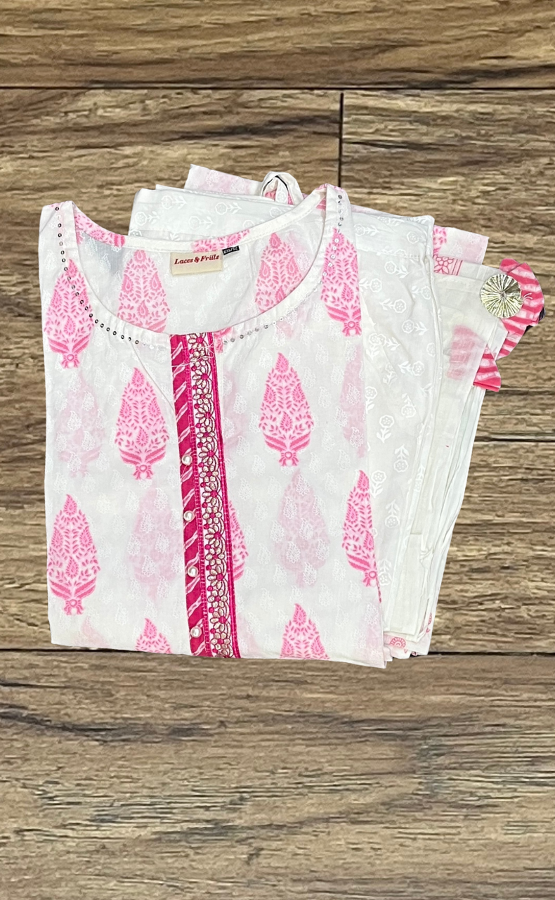 White/Pink Garden Kurti With Pant And Dupatta Set  .Pure Versatile Cotton. | Laces and Frills - Laces and Frills
