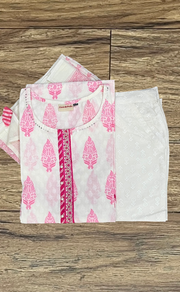 White/Pink Garden Kurti With Pant And Dupatta Set  .Pure Versatile Cotton. | Laces and Frills - Laces and Frills