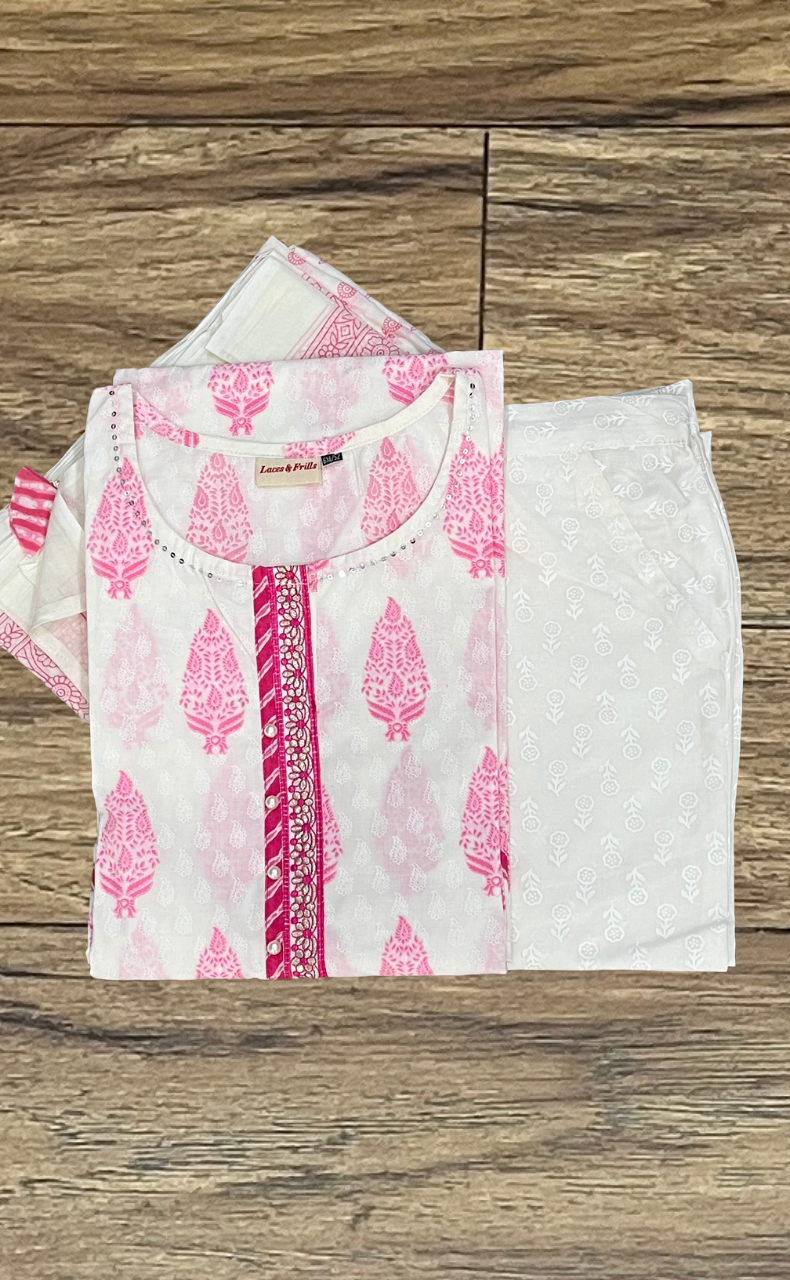 White/Pink Garden Kurti With Pant And Dupatta Set  .Pure Versatile Cotton. | Laces and Frills - Laces and Frills