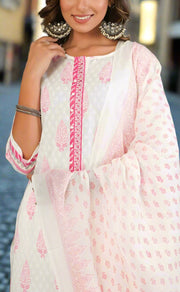 White/Pink Garden Kurti With Pant And Dupatta Set  .Pure Versatile Cotton. | Laces and Frills - Laces and Frills
