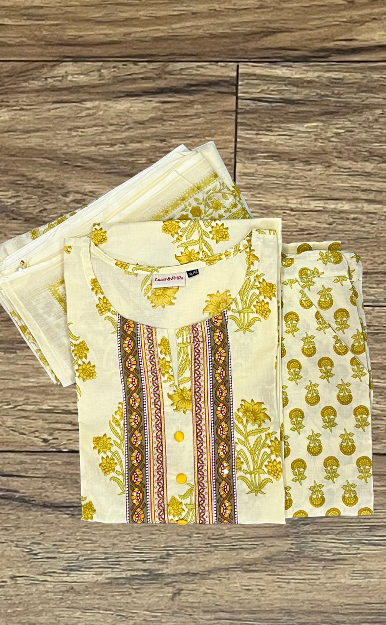 Yellow Floral Kurti With Pant And Dupatta Set  .Pure Versatile Cotton. | Laces and Frills - Laces and Frills