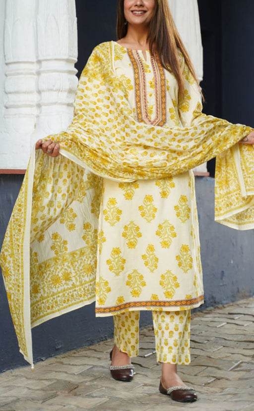 Yellow Floral Kurti With Pant And Dupatta Set  .Pure Versatile Cotton. | Laces and Frills - Laces and Frills