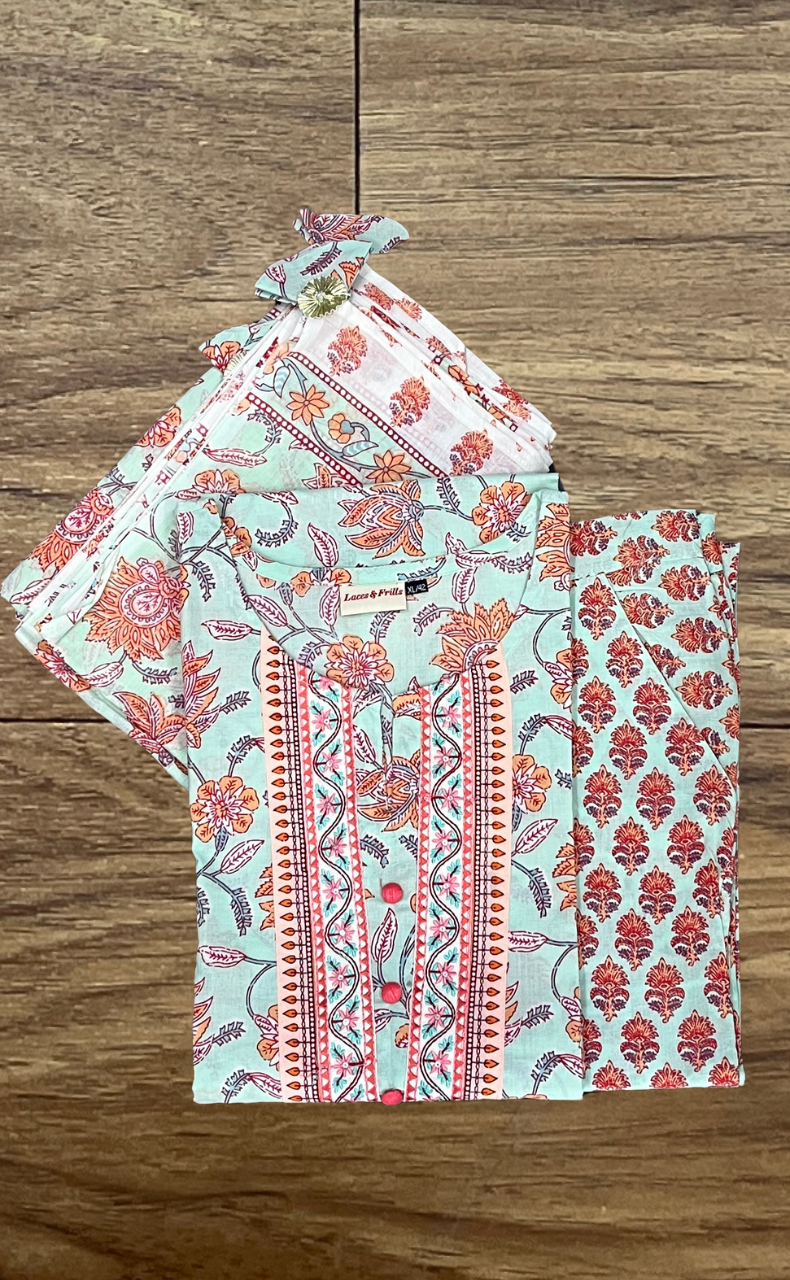 Light Sea Green/Peach Garden Kurti With Pant And Dupatta Set  .Pure Versatile Cotton. | Laces and Frills - Laces and Frills