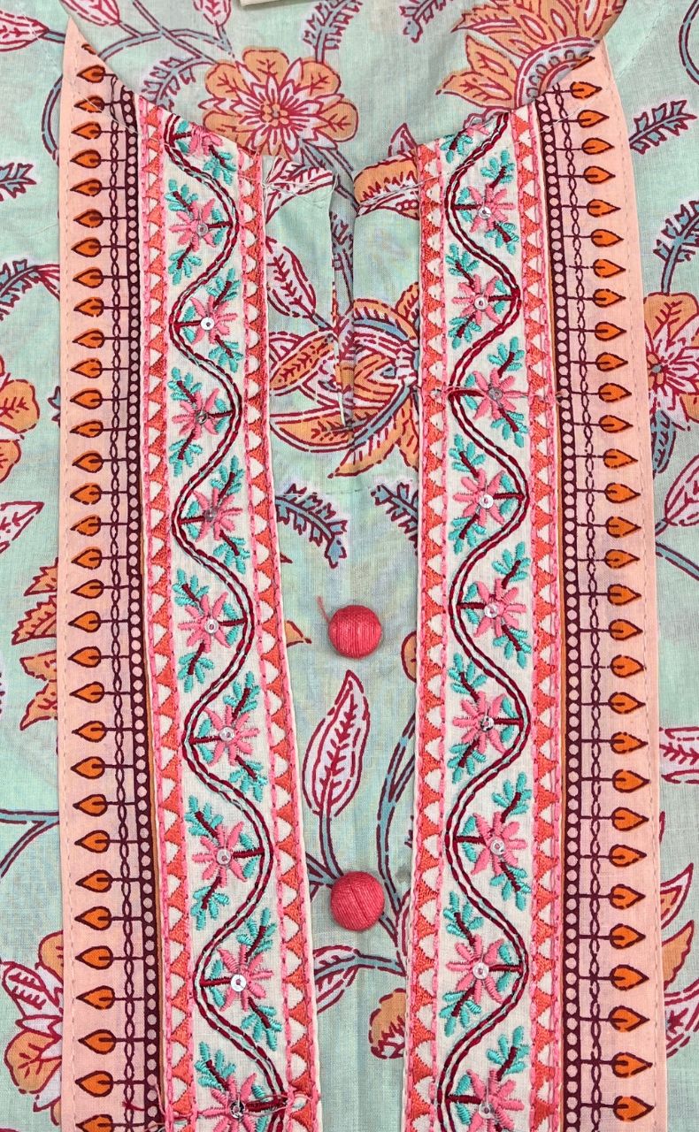 Light Sea Green/Peach Garden Kurti With Pant And Dupatta Set  .Pure Versatile Cotton. | Laces and Frills - Laces and Frills