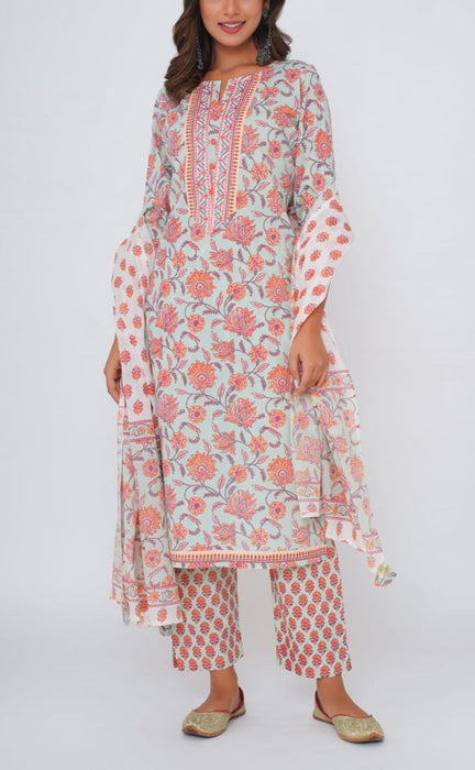 Light Sea Green/Peach Garden Kurti With Pant And Dupatta Set  .Pure Versatile Cotton. | Laces and Frills - Laces and Frills