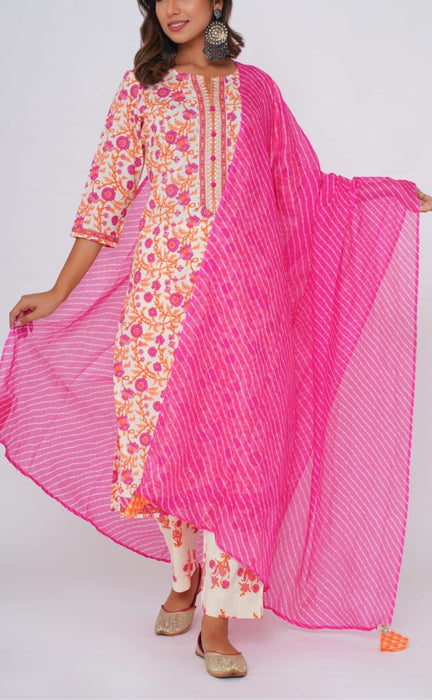 Off White/Pink Garden Kurti With Pant And Dupatta Set  .Pure Versatile Cotton. | Laces and Frills - Laces and Frills