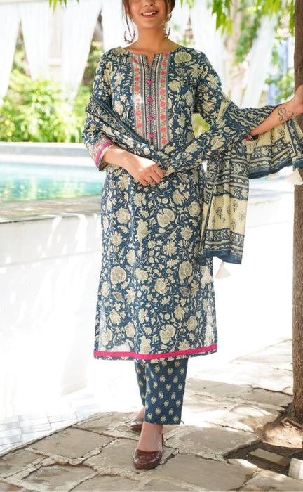 Dark Indigo Blue Garden Kurti With Pant And Dupatta Set  .Pure Versatile Cotton. | Laces and Frills - Laces and Frills