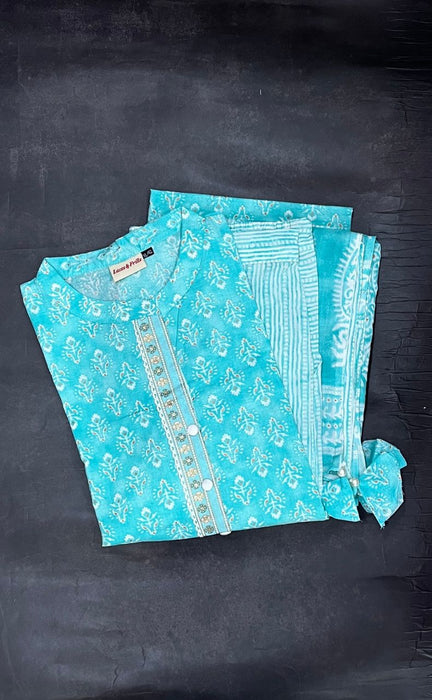 Sky Blue Floral Motif Kurti With Afgani Salwar And Dupatta Set.Pure Versatile Cotton. | Laces and Frills - Laces and Frills