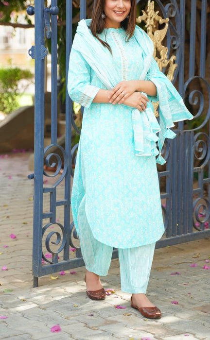 Sky Blue Floral Motif Kurti With Afgani Salwar And Dupatta Set.Pure Versatile Cotton. | Laces and Frills - Laces and Frills