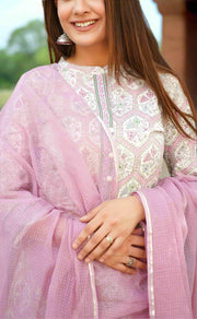 Off White/English Pink Garden Kurti With Afgani Salwar And Dupatta Set.Pure Versatile Cotton. | Laces and Frills - Laces and Frills