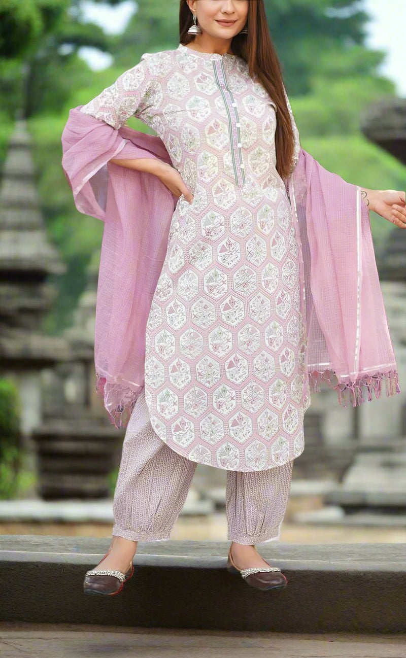 Off White/English Pink Garden Kurti With Afgani Salwar And Dupatta Set.Pure Versatile Cotton. | Laces and Frills - Laces and Frills