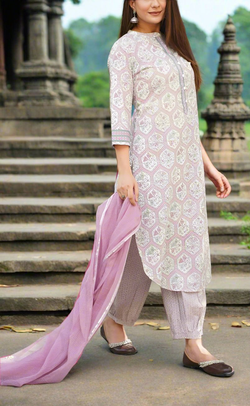 Off White/English Pink Garden Kurti With Afgani Salwar And Dupatta Set.Pure Versatile Cotton. | Laces and Frills - Laces and Frills