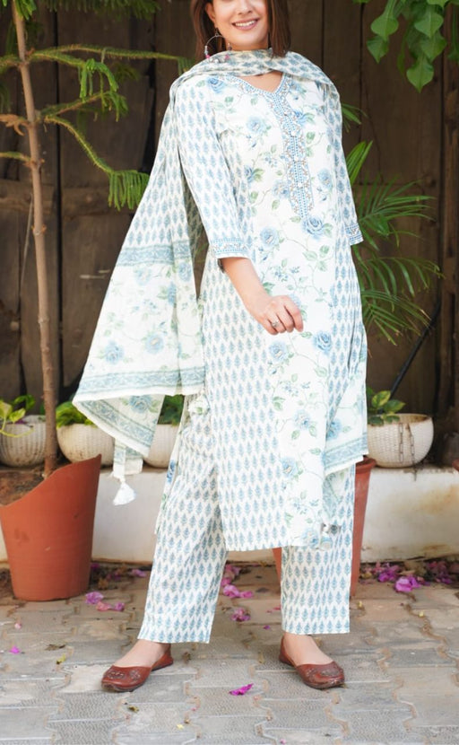 White/Light Blue Garden Kurti With Pant And Dupatta Set.Pure Versatile Cotton. | Laces and Frills - Laces and Frills