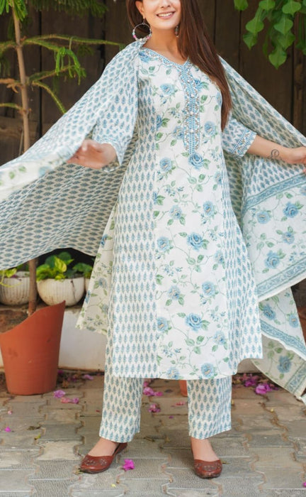 White/Light Blue Garden Kurti With Pant And Dupatta Set.Pure Versatile Cotton. | Laces and Frills - Laces and Frills