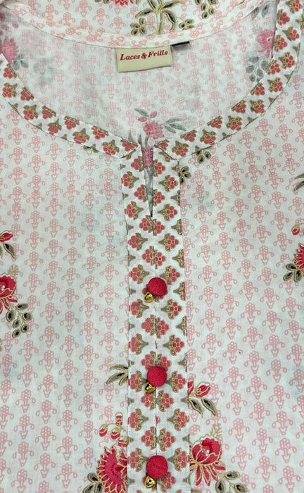 Light Pink/Pink Floral Kurti With Pant And Dupatta Set.Pure Versatile Cotton. | Laces and Frills - Laces and Frills