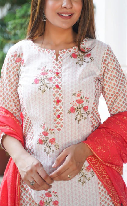 Light Pink/Pink Floral Kurti With Pant And Dupatta Set.Pure Versatile Cotton. | Laces and Frills - Laces and Frills