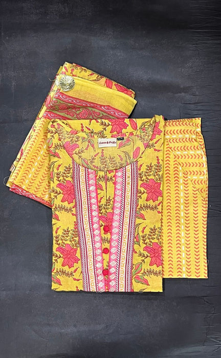 Yellow/Pink Floral Kurti With Pant And Dupatta Set  .Pure Versatile Cotton. | Laces and Frills - Laces and Frills