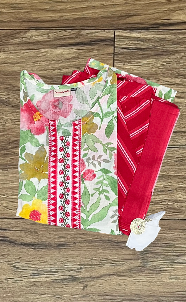 Off White/Red Floral Kurti With Pant And Dupatta Set.Pure Versatile Cotton. | Laces and Frills - Laces and Frills