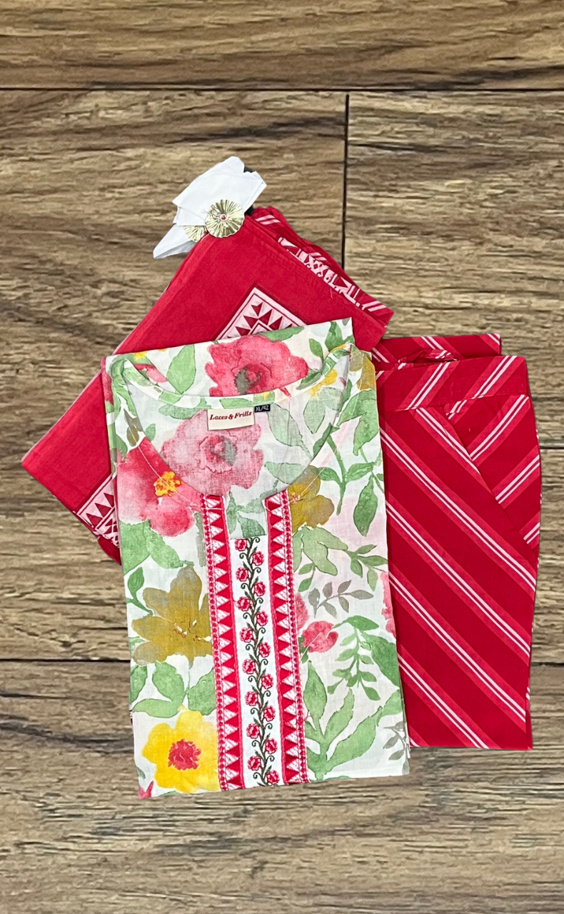 Off White/Red Floral Kurti With Pant And Dupatta Set.Pure Versatile Cotton. | Laces and Frills - Laces and Frills