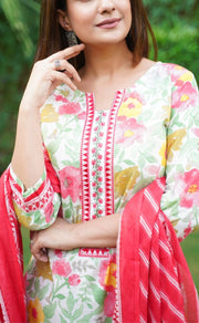 Off White/Red Floral Kurti With Pant And Dupatta Set.Pure Versatile Cotton. | Laces and Frills - Laces and Frills
