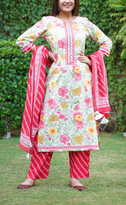 Off White/Red Floral Kurti With Pant And Dupatta Set.Pure Versatile Cotton. | Laces and Frills - Laces and Frills
