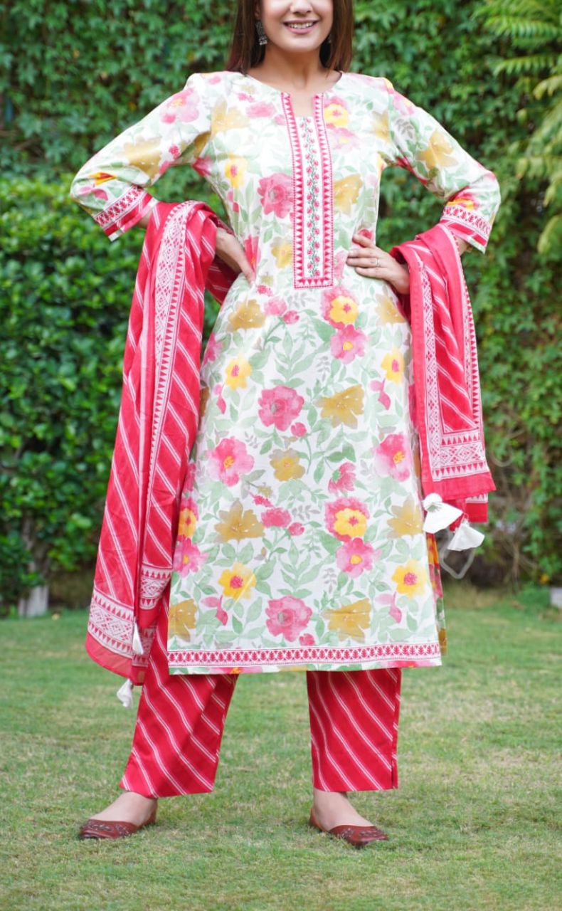 Off White/Red Floral Kurti With Pant And Dupatta Set.Pure Versatile Cotton. | Laces and Frills - Laces and Frills